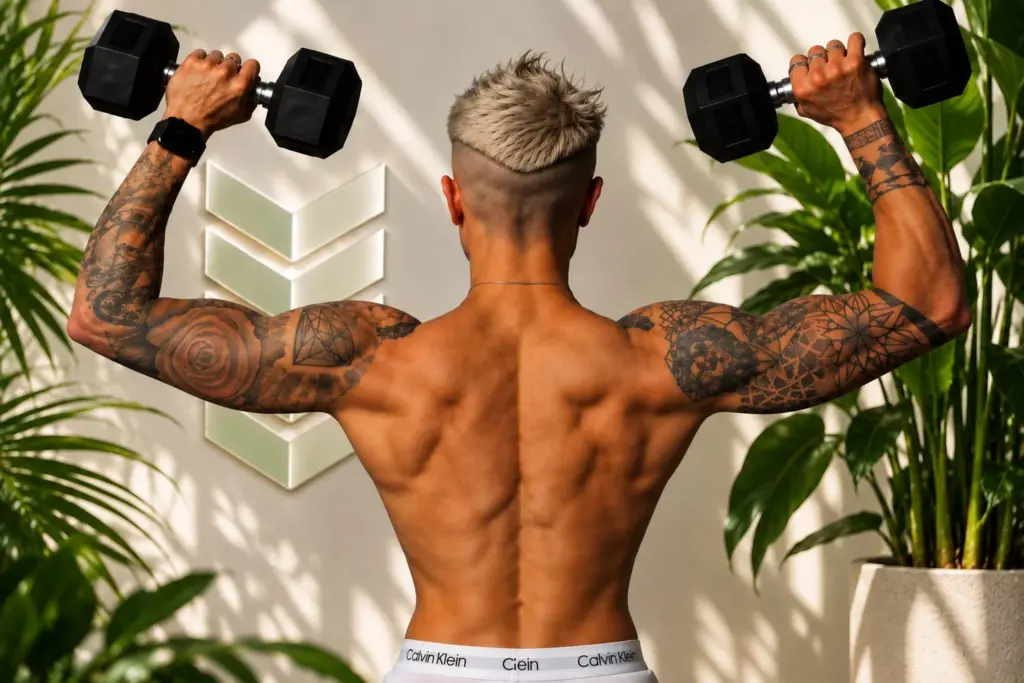 Athlete training shoulders with dumbbells beside the Reload chevron wall